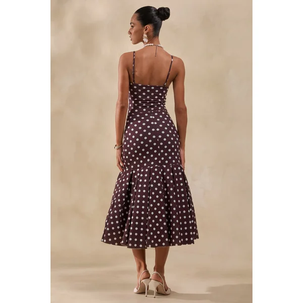 Masie | Jupe mi-longue marron à pois en mesh avec taille basse cintrée