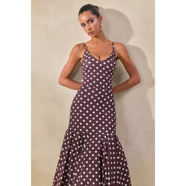 Masie | Jupe mi-longue marron à pois en mesh avec taille basse cintrée