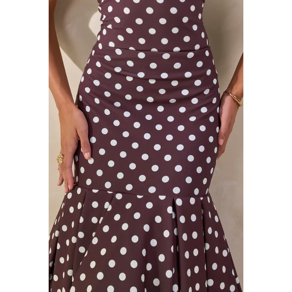 Masie | Jupe mi-longue marron à pois en mesh avec taille basse cintrée