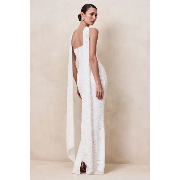 Massima | Robe longue bandeau blanche en dentelle avec détail écharpe