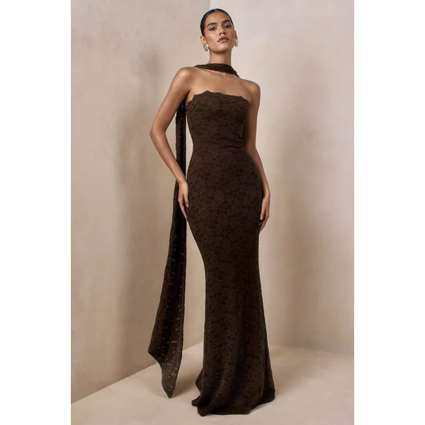 Massima | Robe longue bandeau en dentelle marron avec détail écharpe