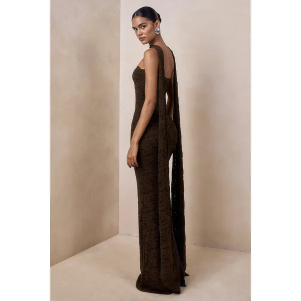 Massima | Robe longue bandeau en dentelle marron avec détail écharpe