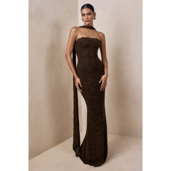 Massima | Robe longue bandeau en dentelle marron avec détail écharpe