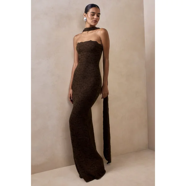 Massima | Robe longue bandeau en dentelle marron avec détail écharpe