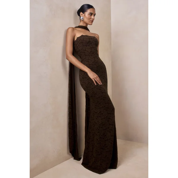 Massima | Robe longue bandeau en dentelle marron avec détail écharpe