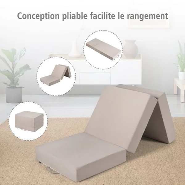 Matelas 1 Personne Pliant Futon Pouf d'Epaisseur 15CM avec Housse Amovible en Mousse Tissu Poncé 195x75x15cm Gris