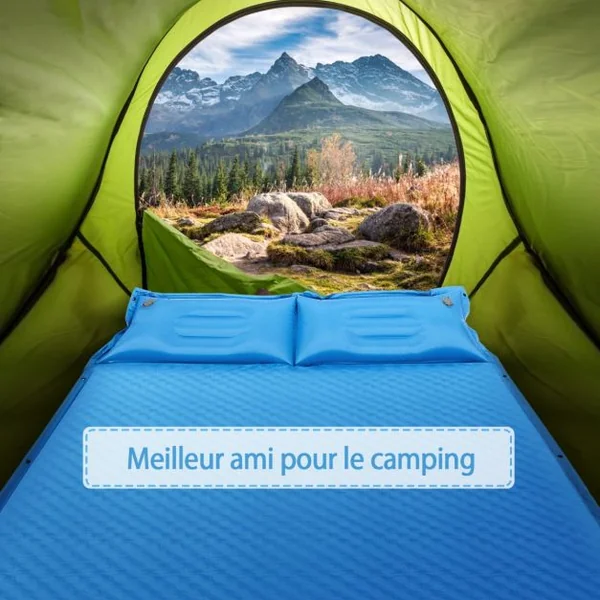Matelas de Camping Autogonflant 2 Personnes avec 2 Oreillers 187x131x4 CM et Sac Portable en PVC Imperméable pour Randonnées Bleu