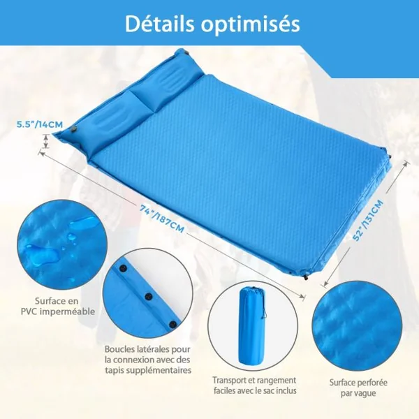 Matelas de Camping Autogonflant 2 Personnes avec 2 Oreillers 187x131x4 CM et Sac Portable en PVC Imperméable pour Randonnées Bleu