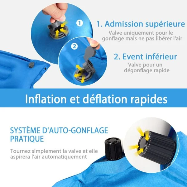 Matelas de Camping Autogonflant 2 Personnes avec 2 Oreillers 187x131x4 CM et Sac Portable en PVC Imperméable pour Randonnées Bleu