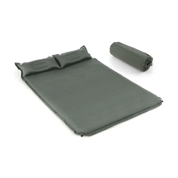 Matelas de Camping Autogonflant 2 Personnes avec 2 Oreillers 187x131x4 CM et Sac Portable en PVC Imperméable pour Randonnées Vert