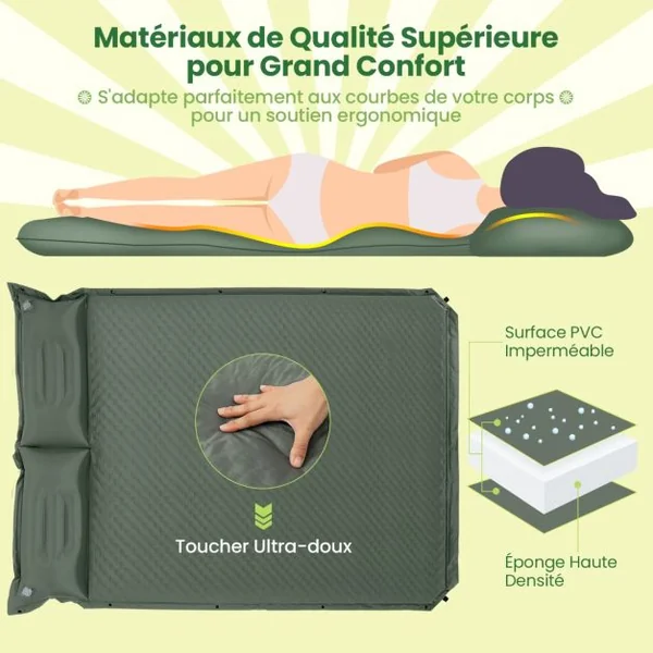 Matelas de Camping Autogonflant 2 Personnes avec 2 Oreillers 187x131x4 CM et Sac Portable en PVC Imperméable pour Randonnées Vert