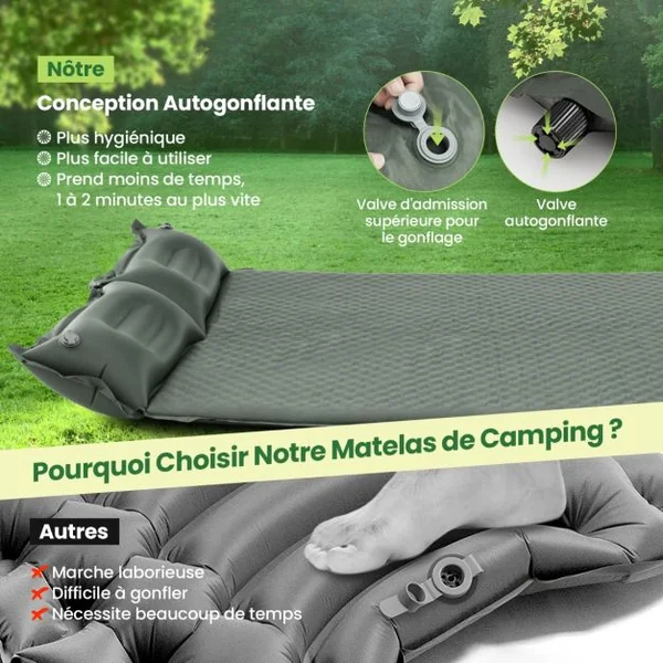 Matelas de Camping Autogonflant 2 Personnes avec 2 Oreillers 187x131x4 CM et Sac Portable en PVC Imperméable pour Randonnées Vert