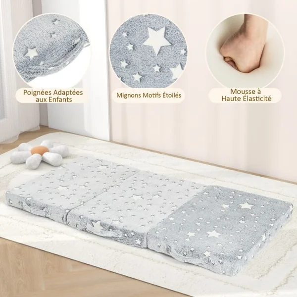 Matelas de Sol Pliable en 3 Parties pour Enfants Tapis de Sieste Phosphorescent avec Housse Amovible et Lavable en Machine Gris