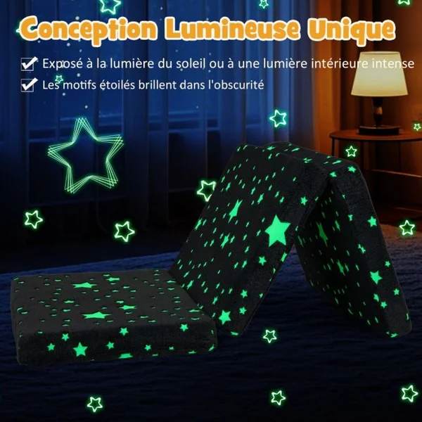 Matelas de Sol Pliable en 3 Parties pour Enfants Tapis de Sieste Phosphorescent avec Housse Amovible et Lavable en Machine Gris