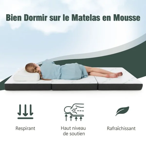 Matelas en Mousse Pliable en 3 Sections 80x193CM Matelas d'appoint Camping avec Poignée/Bande Velcro pour Chambre/Voyage/Gym
