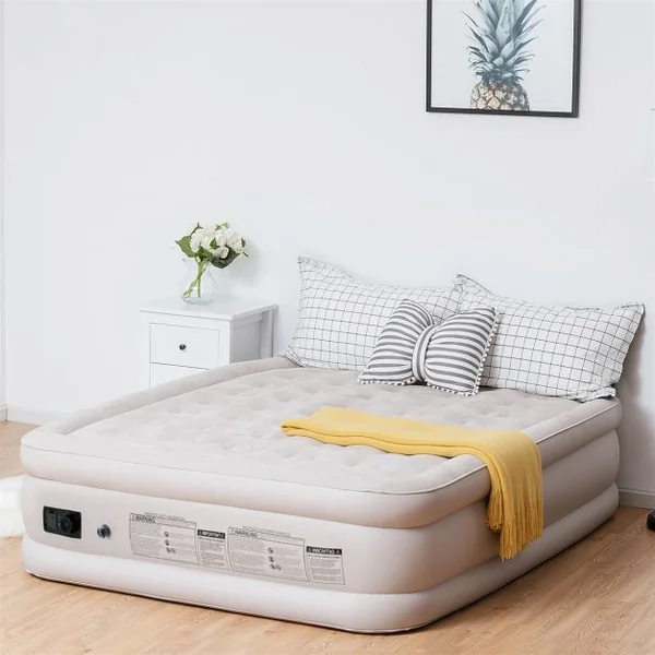 Matelas Gonflable 2 Places Pompe Intégrée Dessus Floqué Faisceau Hélicoïdal Capacité 300kg 205x160x50cm Beige
