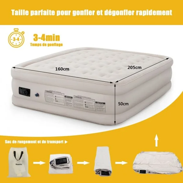Matelas Gonflable 2 Places Pompe Intégrée Dessus Floqué Faisceau Hélicoïdal Capacité 300kg 205x160x50cm Beige