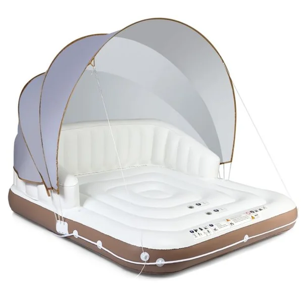 Matelas Gonflable Lounge avec Auvent Rétractable Charge 200KG Flotteur de Piscine à 2 Places avec 2 Porte-Gobelets UPF50+180x180x160CM