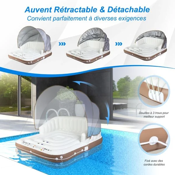 Matelas Gonflable Lounge avec Auvent Rétractable Charge 200KG Flotteur de Piscine à 2 Places avec 2 Porte-Gobelets UPF50+180x180x160CM