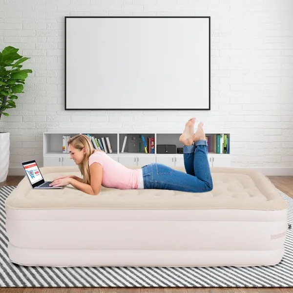 Matelas Gonflable Matelas Pneumatique 1 Place avec Pompe à Air Électrique Intégrée, capacité 250kg, 191x99x46cm, Beige