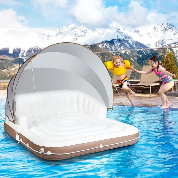 Matelas Gonflable pour Piscine Terrasse avec Accoudoirs Dossier Haut Auvent Capacité 200 kg 180x180x160cm Multicolore