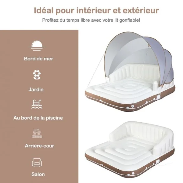 Matelas Gonflable pour Piscine Terrasse avec Accoudoirs Dossier Haut Auvent Capacité 200 kg 180x180x160cm Multicolore