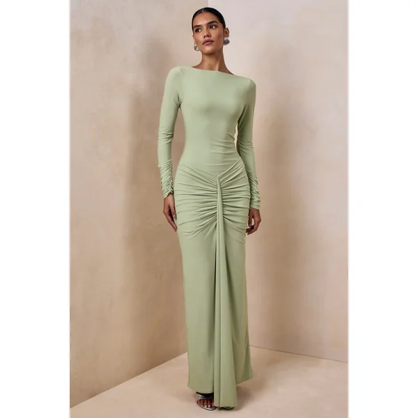 Matilda | Robe longue vert clair à encolure bateau avec détails froncés