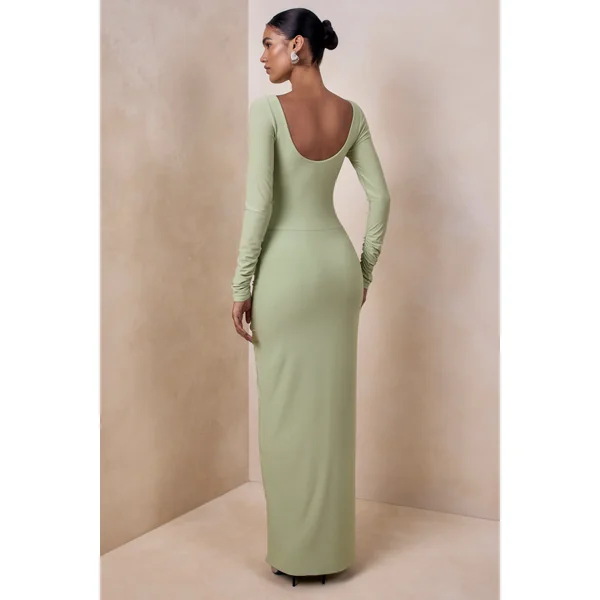 Matilda | Robe longue vert clair à encolure bateau avec détails froncés