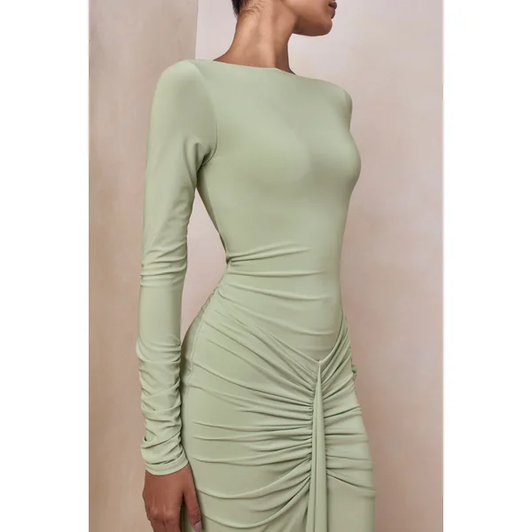 Matilda | Robe longue vert clair à encolure bateau avec détails froncés