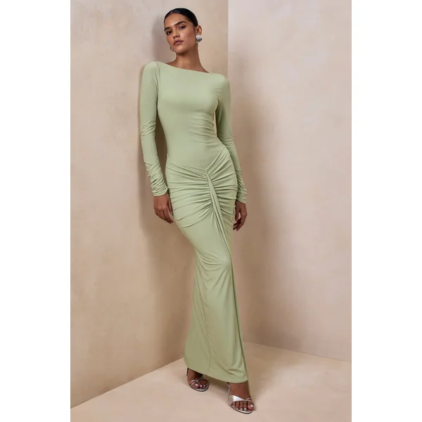 Matilda | Robe longue vert clair à encolure bateau avec détails froncés