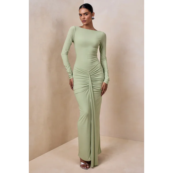 Matilda | Robe longue vert clair à encolure bateau avec détails froncés