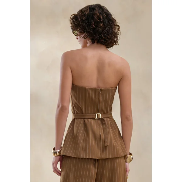 Mavi | Top tailleur bandeau marron à fines rayures