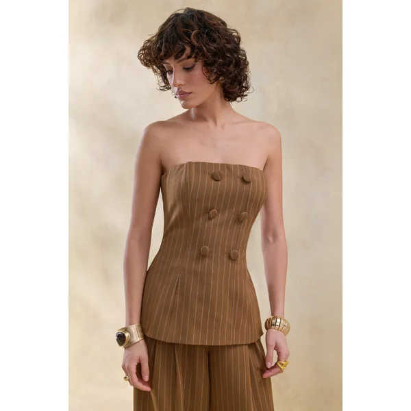 Mavi | Top tailleur bandeau marron à fines rayures
