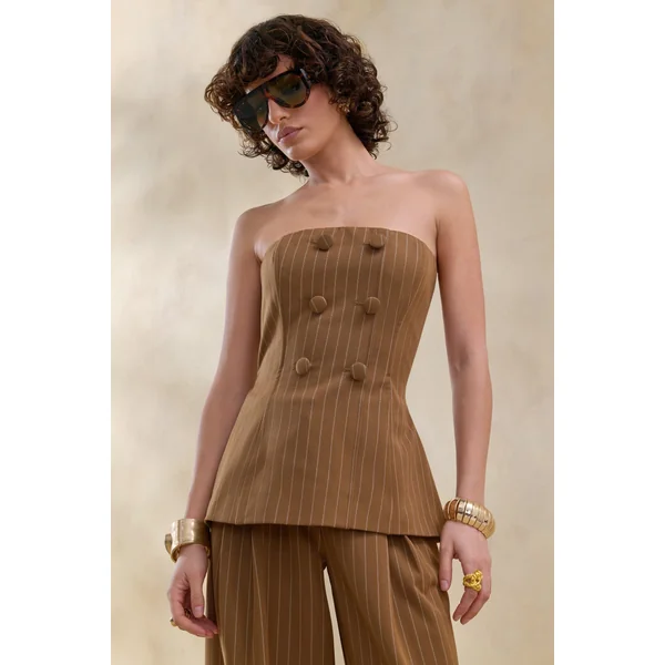 Mavi | Top tailleur bandeau marron à fines rayures