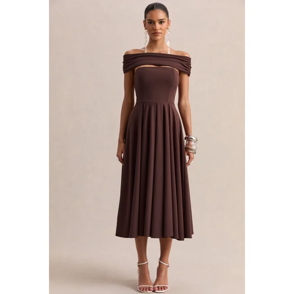 Mavina | Robe mi-longue marron à décolleté bardot