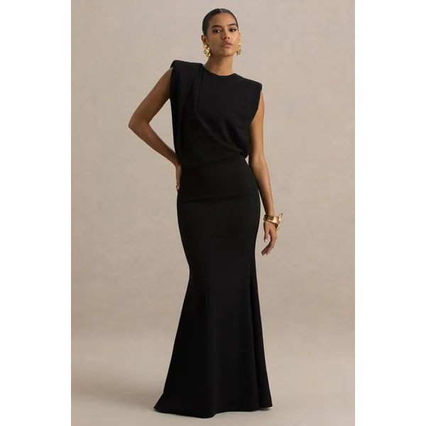 Meave | Robe longue noire à encolure bateau avec détail drapé
