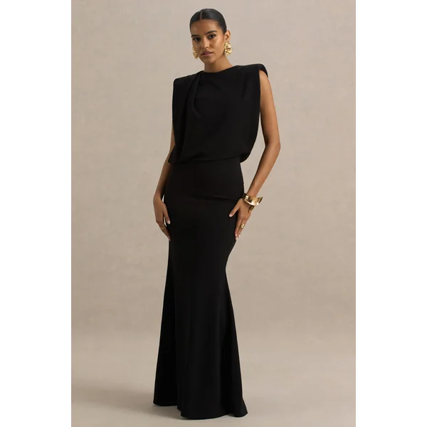 Meave | Robe longue noire à encolure bateau avec détail drapé