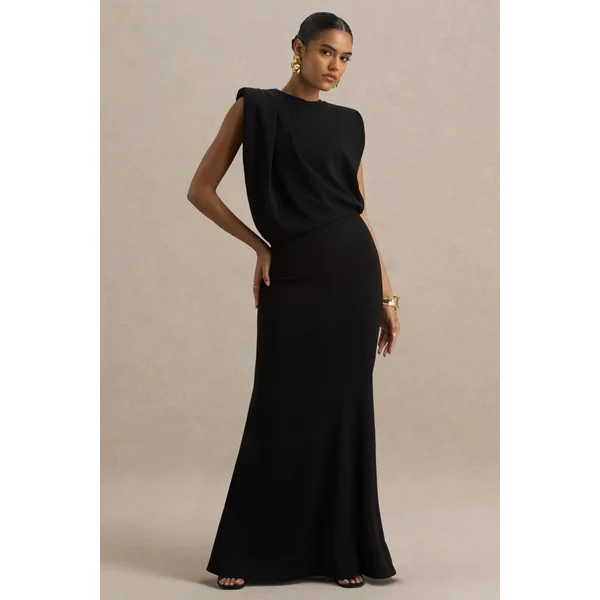 Meave | Robe longue noire à encolure bateau avec détail drapé