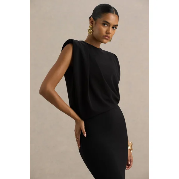 Meave | Robe longue noire à encolure bateau avec détail drapé