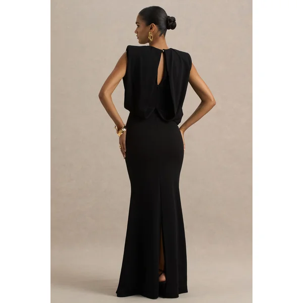 Meave | Robe longue noire à encolure bateau avec détail drapé