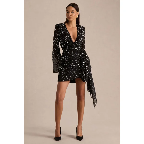 Mela | Mini-robe à pois noirs et blancs avec décolleté plongeant manches évasées et ceinture à nouer