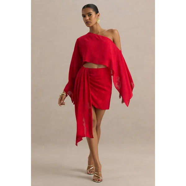 Melania | Mini-jupe portefeuille en satin rouge avec détail drapé