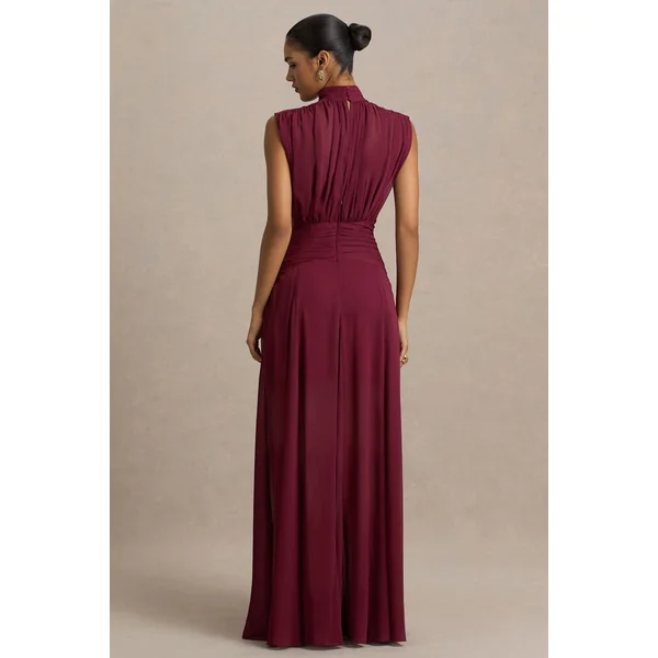 Melanina | Robe longue bordeaux à col montant avec fronces