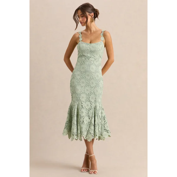Melia | Robe mi-longue vert sauge en dentelle à encolure arrondie
