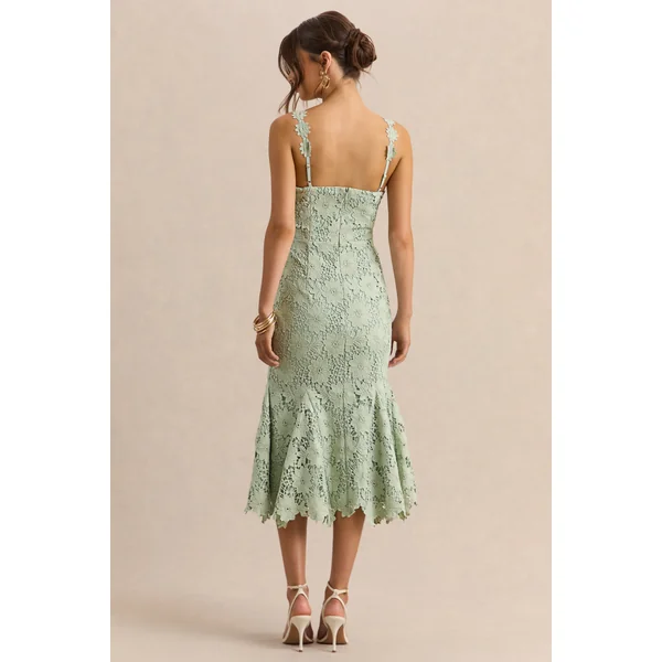 Melia | Robe mi-longue vert sauge en dentelle à encolure arrondie