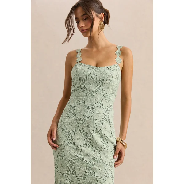 Melia | Robe mi-longue vert sauge en dentelle à encolure arrondie