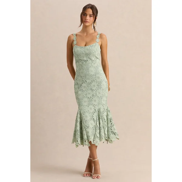 Melia | Robe mi-longue vert sauge en dentelle à encolure arrondie