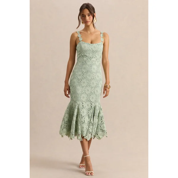 Melia | Robe mi-longue vert sauge en dentelle à encolure arrondie