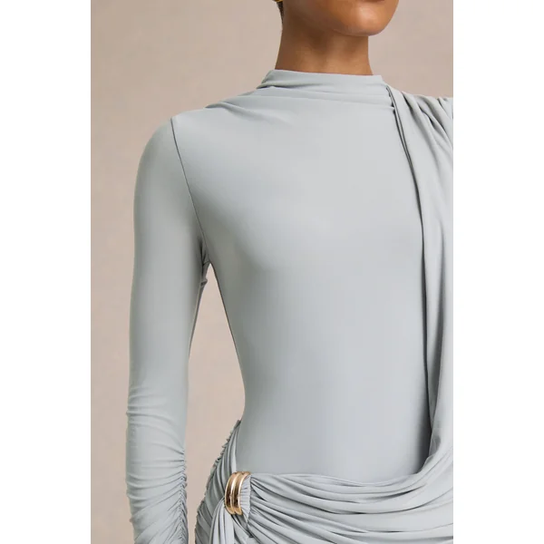 Melissa | Robe longue bleue à manches longues effet portefeuille avec détails froncés