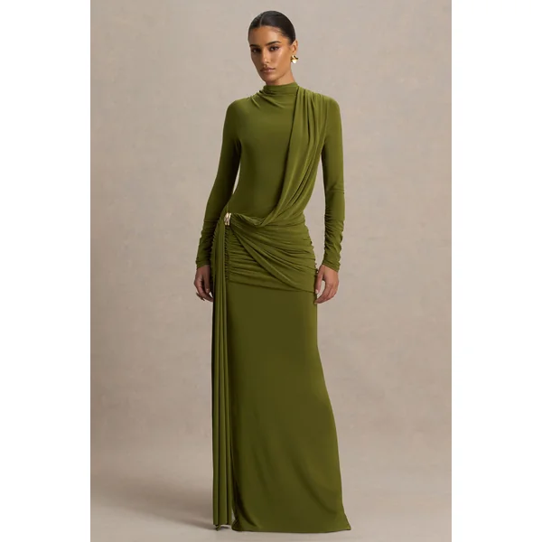 Melissa | Robe longue olive à manches longues avec drapés et ceinture nouée